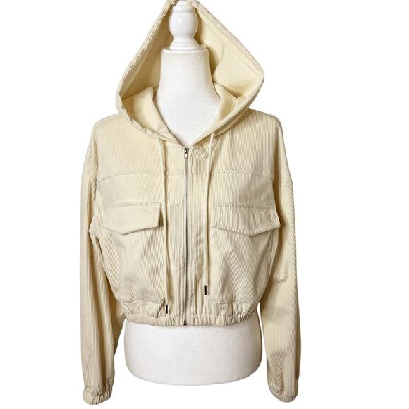 Shein Women's Corduroy Jacket Size L Cream Zip Up Hoodie Cropped Flap Pockets - Picture 1 of 7